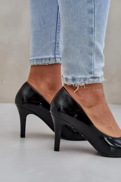 Boto Czółenka Klasyczne*Szpilki Z Lakierowanej Eko Skóry Czarne Sanalitia