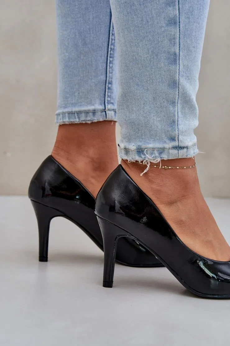 Boto Czółenka Klasyczne*Szpilki Z Lakierowanej Eko Skóry Czarne Sanalitia