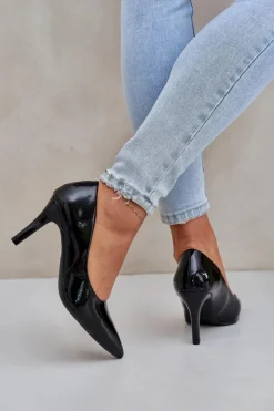 Boto Czółenka Klasyczne*Szpilki Z Lakierowanej Eko Skóry Czarne Sanalitia