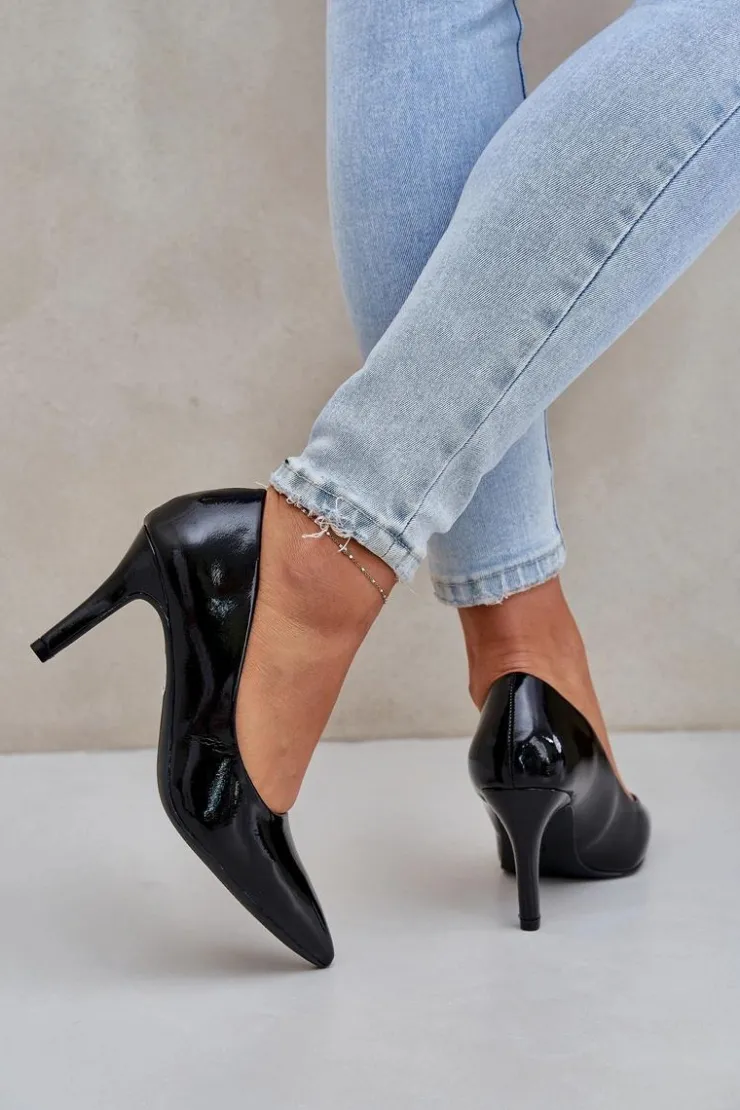 Boto Czółenka Klasyczne*Szpilki Z Lakierowanej Eko Skóry Czarne Sanalitia