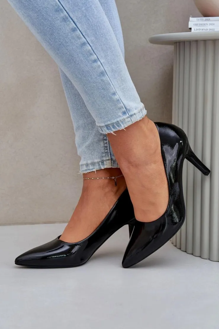 Boto Czółenka Klasyczne*Szpilki Z Lakierowanej Eko Skóry Czarne Sanalitia