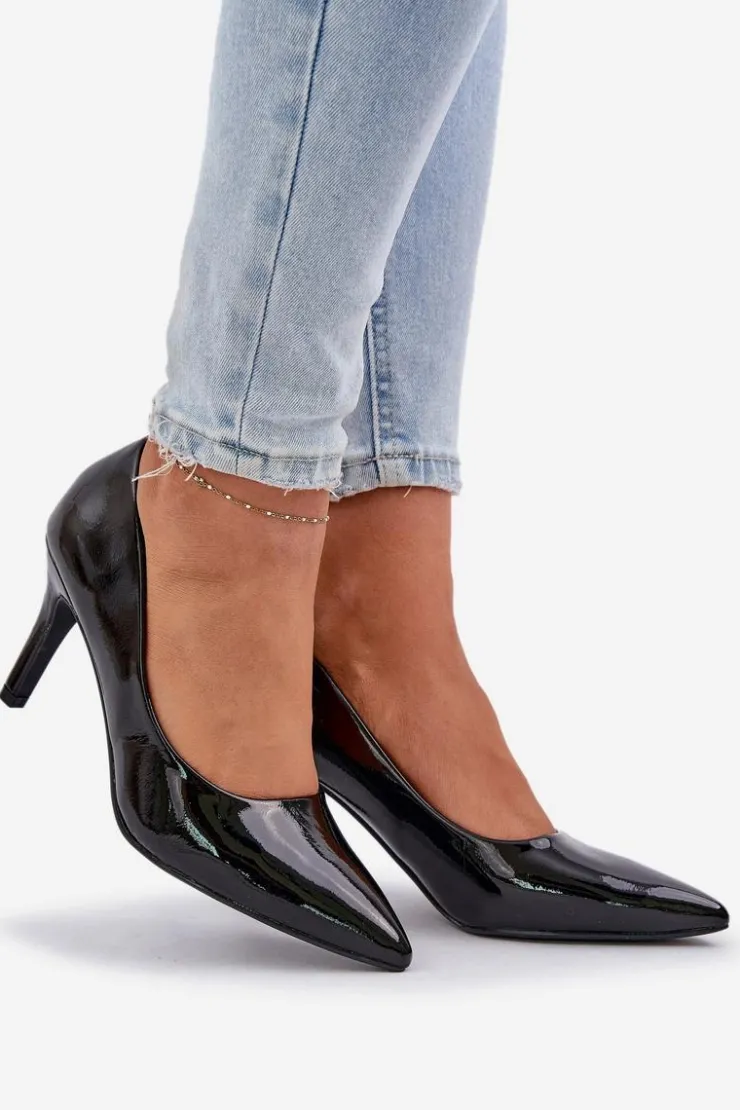 Boto Czółenka Klasyczne*Szpilki Z Lakierowanej Eko Skóry Czarne Sanalitia