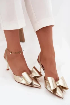 Best Boto Szpilki Z Odkrytymi Piętami I Kokardką Złote Eklevia Złoty