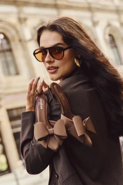 Damskie Boto Szpilki Z Odkrytymi Piętami I Kokardką Brązowe Eklevia