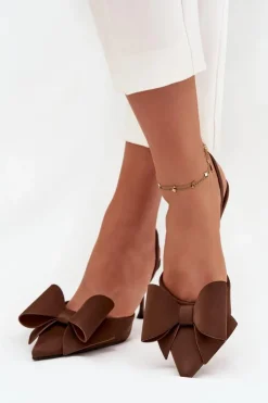 Damskie Boto Szpilki Z Odkrytymi Piętami I Kokardką Brązowe Eklevia