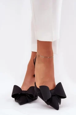 Damskie Boto Szpilki Z Odkrytymi Piętami I Kokardką Czarne Eklevia