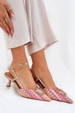 Outlet Boto Szpilki Z Ozdobą I Odkrytą Piętą Szampańskie Teminora