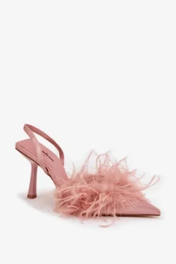 Damskie Boto Szpilki Z Piórami I Odkrytą Piętą Różowe Belice