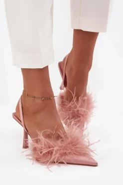 Damskie Boto Szpilki Z Piórami I Odkrytą Piętą Różowe Belice