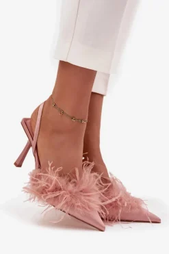 Damskie Boto Szpilki Z Piórami I Odkrytą Piętą Różowe Belice