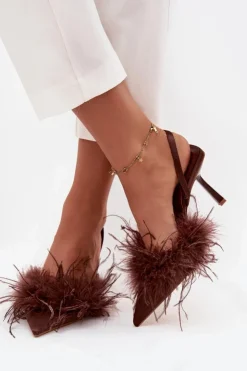Boto Czółenka Klasyczne*Szpilki Z Piórami I Odkrytą Piętą Czekoladowe Belice Brązowy