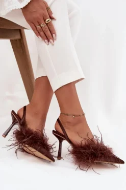 Boto Czółenka Klasyczne*Szpilki Z Piórami I Odkrytą Piętą Czekoladowe Belice Brązowy