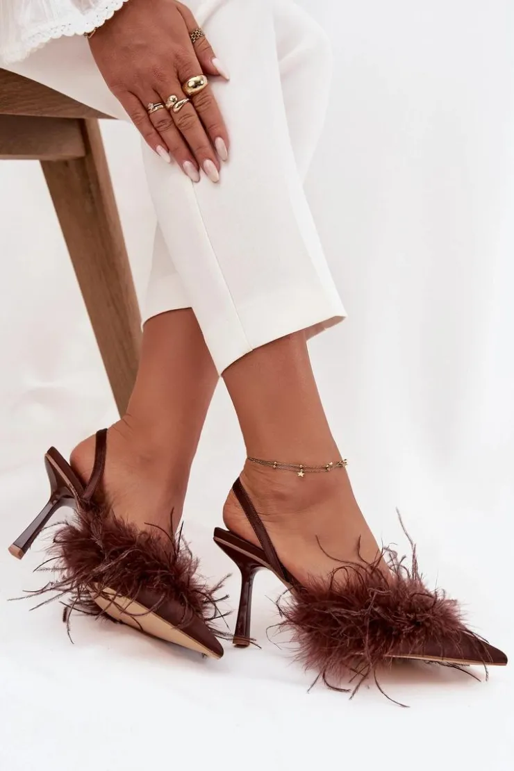 Boto Czółenka Klasyczne*Szpilki Z Piórami I Odkrytą Piętą Czekoladowe Belice Brązowy