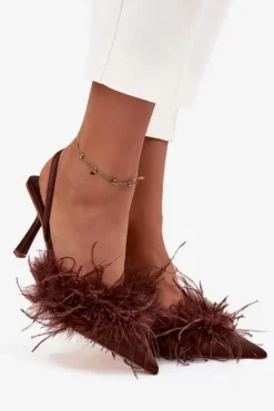 Boto Czółenka Klasyczne*Szpilki Z Piórami I Odkrytą Piętą Czekoladowe Belice Brązowy