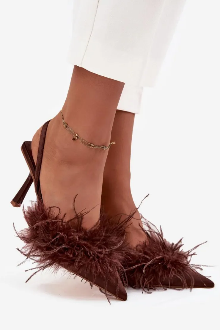 Boto Czółenka Klasyczne*Szpilki Z Piórami I Odkrytą Piętą Czekoladowe Belice Brązowy