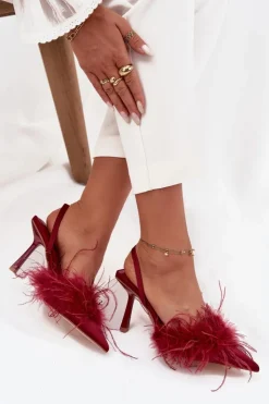 Hot Boto Szpilki Z Piórami I Odkrytą Piętą Bordowe Belice Czerwony