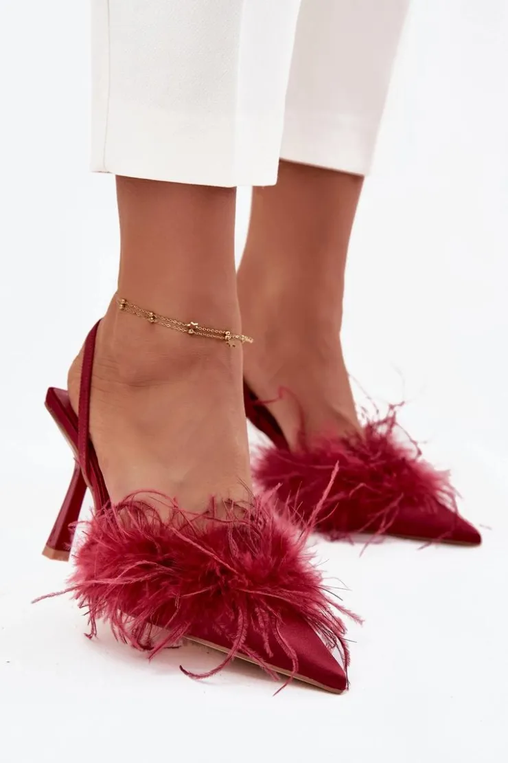 Hot Boto Szpilki Z Piórami I Odkrytą Piętą Bordowe Belice Czerwony