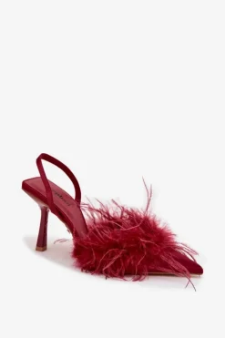 Hot Boto Szpilki Z Piórami I Odkrytą Piętą Bordowe Belice Czerwony