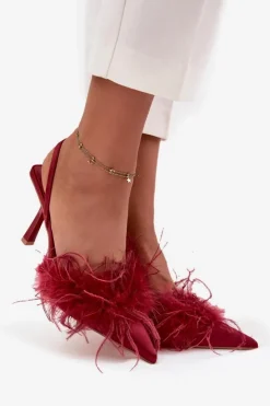Hot Boto Szpilki Z Piórami I Odkrytą Piętą Bordowe Belice Czerwony