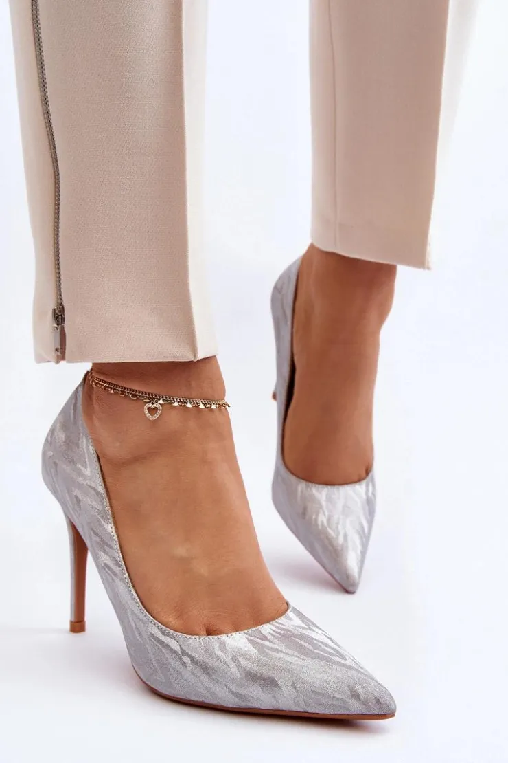 Boto Czółenka Klasyczne*Szpilki Zdobione Brokatem Srebrne Klonisa