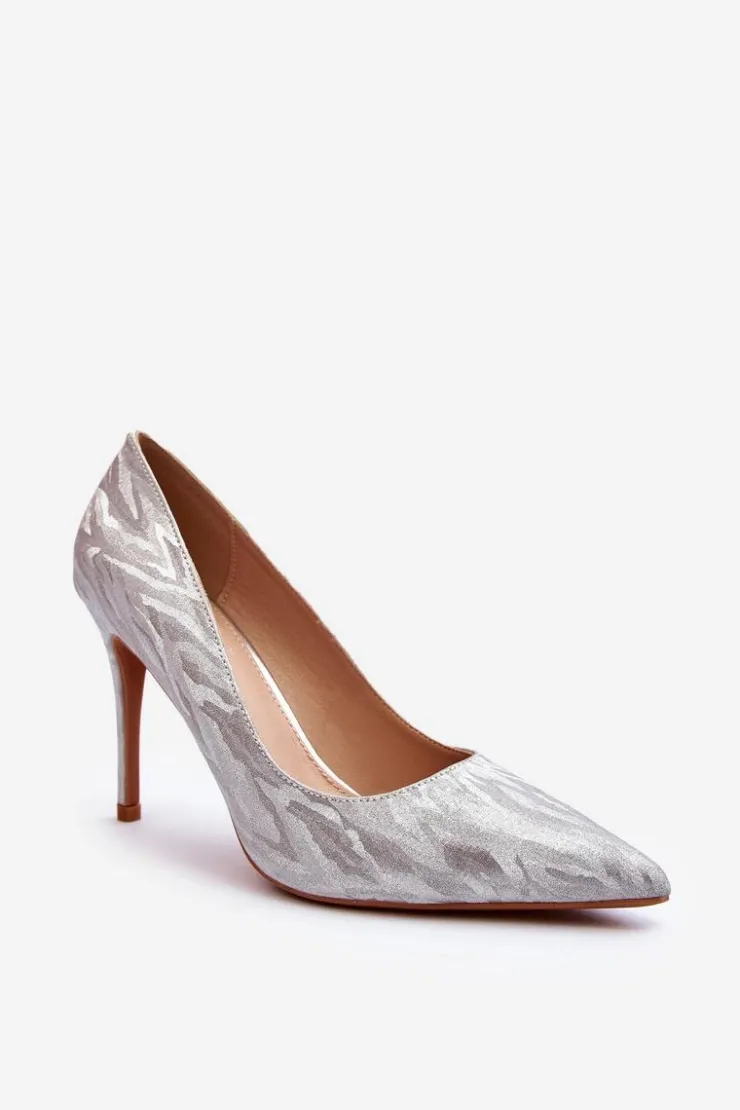 Boto Czółenka Klasyczne*Szpilki Zdobione Brokatem Srebrne Klonisa