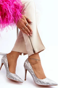 Boto Czółenka Klasyczne*Szpilki Zdobione Brokatem Srebrne Klonisa