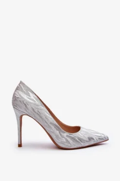 Boto Czółenka Klasyczne*Szpilki Zdobione Brokatem Srebrne Klonisa