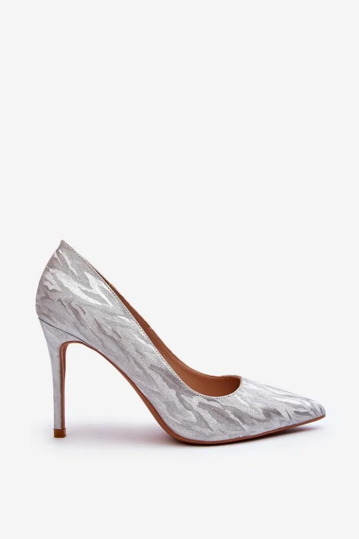 Boto Czółenka Klasyczne*Szpilki Zdobione Brokatem Srebrne Klonisa