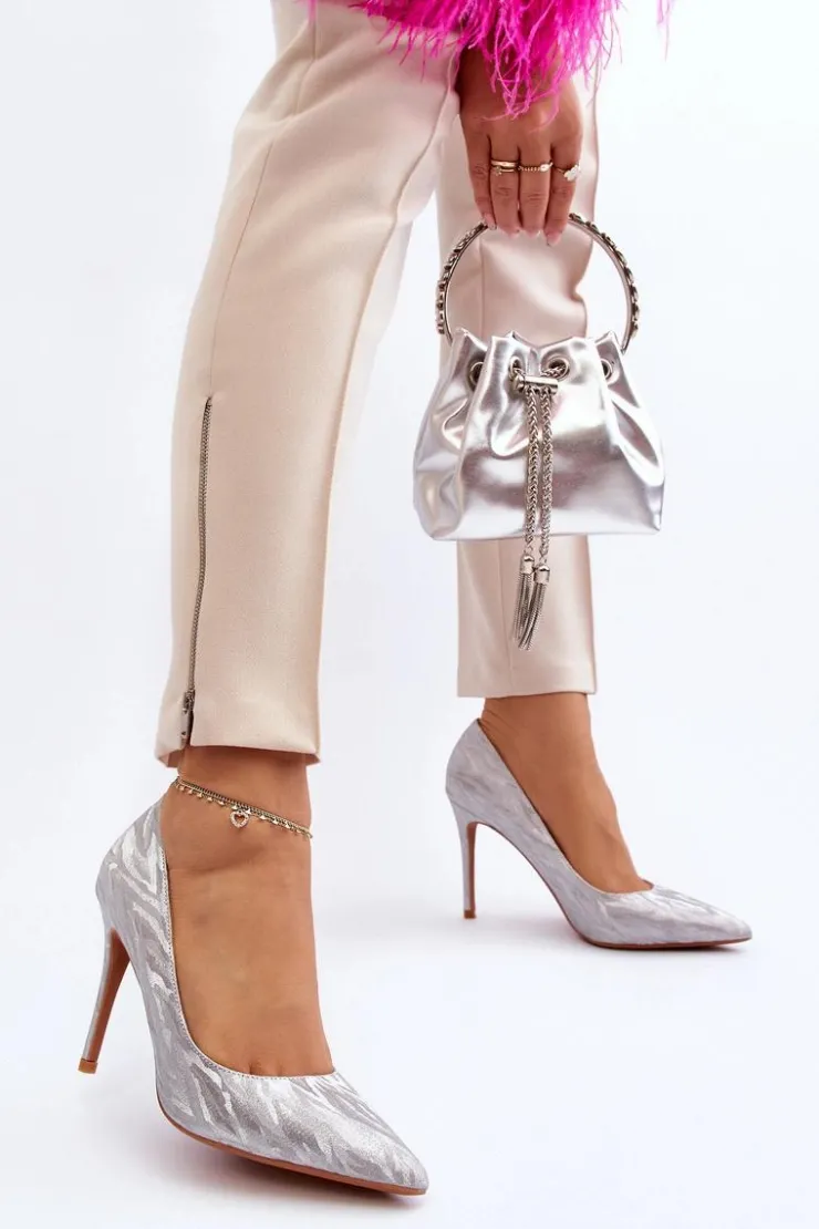 Boto Czółenka Klasyczne*Szpilki Zdobione Brokatem Srebrne Klonisa