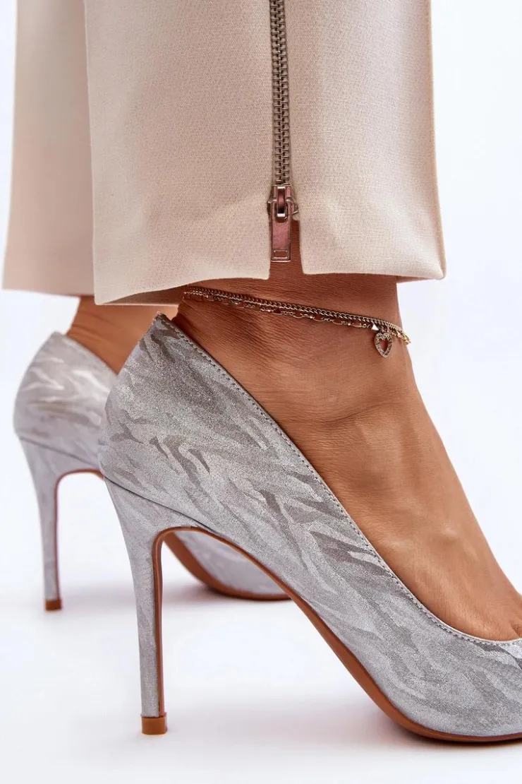 Boto Czółenka Klasyczne*Szpilki Zdobione Brokatem Srebrne Klonisa