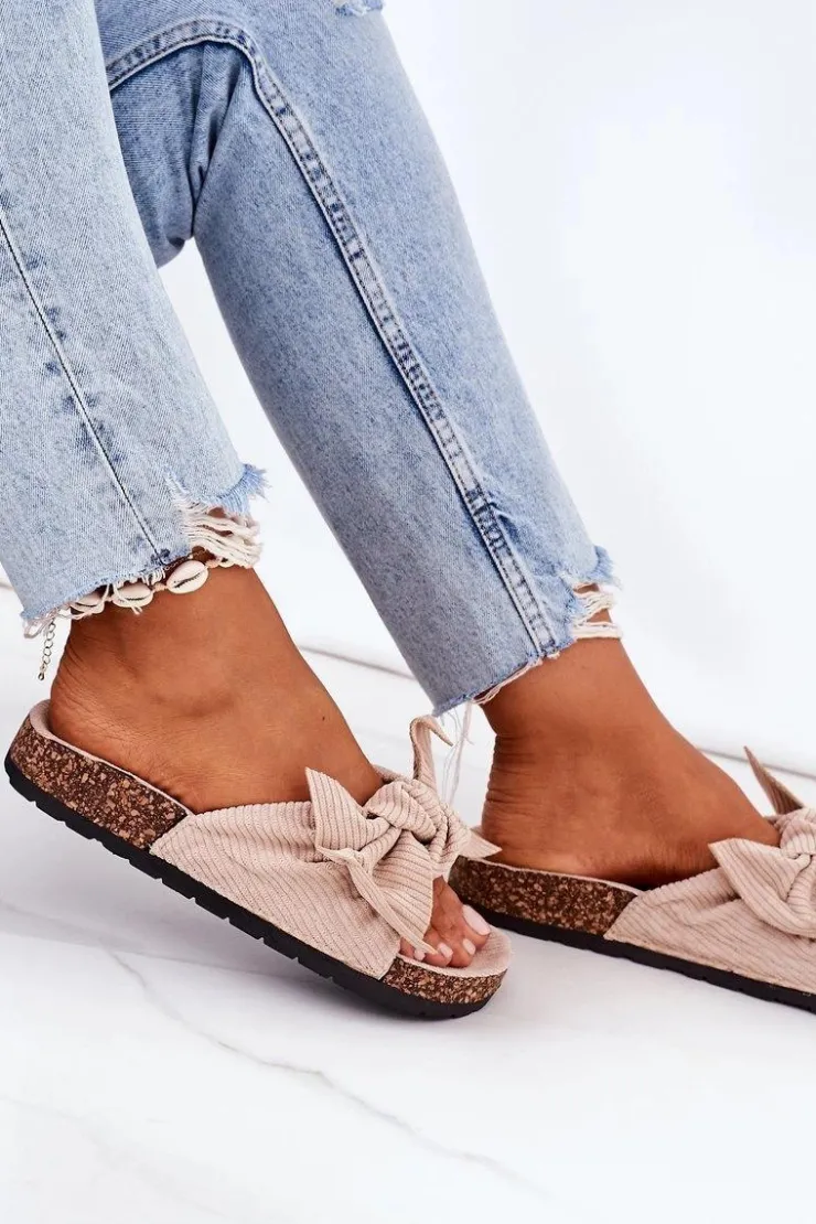 New Boto Sztruksowe Klapki Na Korku Beżowe Summertime