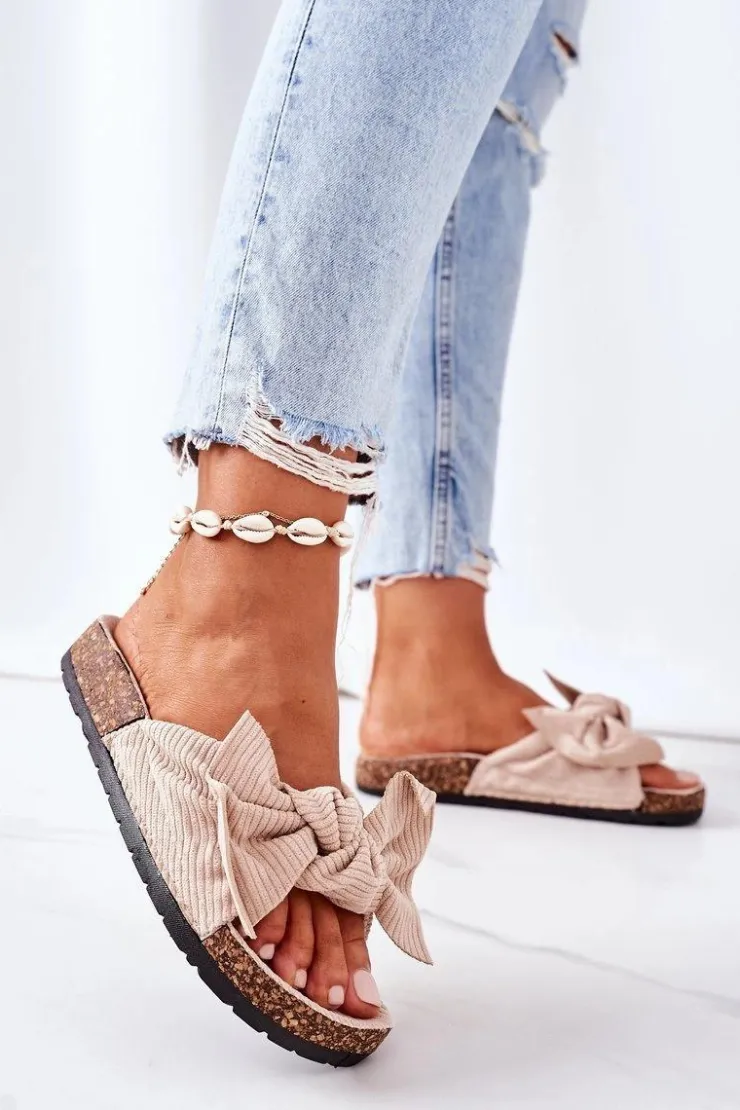 New Boto Sztruksowe Klapki Na Korku Beżowe Summertime