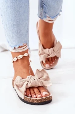 New Boto Sztruksowe Klapki Na Korku Beżowe Summertime