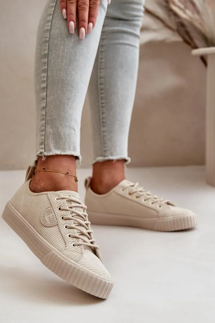 Big Star Shoes Trampki Damskie Big Star|Trampki Damskie Niskie*Sztruksowe Trampki Damskie Ocieplane Big Star OO274812 Hi-Poly System Beżowe