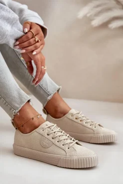 Big Star Shoes Trampki Damskie Big Star|Trampki Damskie Niskie*Sztruksowe Trampki Damskie Ocieplane Big Star OO274812 Hi-Poly System Beżowe