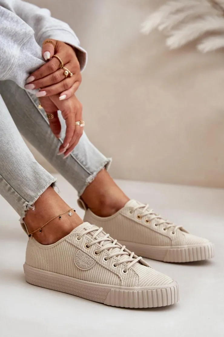 Big Star Shoes Trampki Damskie Big Star|Trampki Damskie Niskie*Sztruksowe Trampki Damskie Ocieplane Big Star OO274812 Hi-Poly System Beżowe