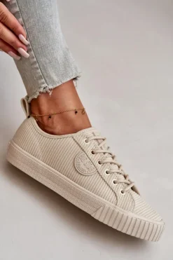 Big Star Shoes Trampki Damskie Big Star|Trampki Damskie Niskie*Sztruksowe Trampki Damskie Ocieplane Big Star OO274812 Hi-Poly System Beżowe