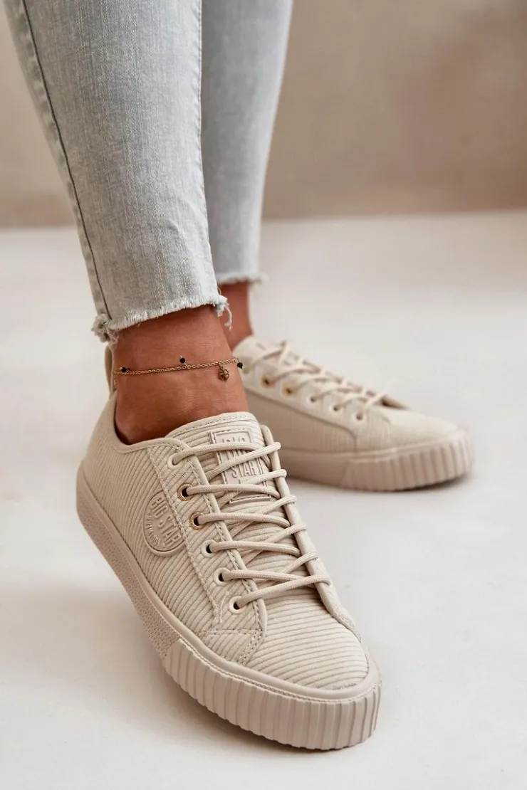 Big Star Shoes Trampki Damskie Big Star|Trampki Damskie Niskie*Sztruksowe Trampki Damskie Ocieplane Big Star OO274812 Hi-Poly System Beżowe