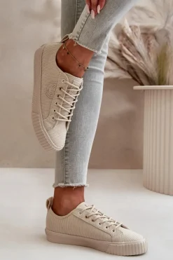 Big Star Shoes Trampki Damskie Big Star|Trampki Damskie Niskie*Sztruksowe Trampki Damskie Ocieplane Big Star OO274812 Hi-Poly System Beżowe