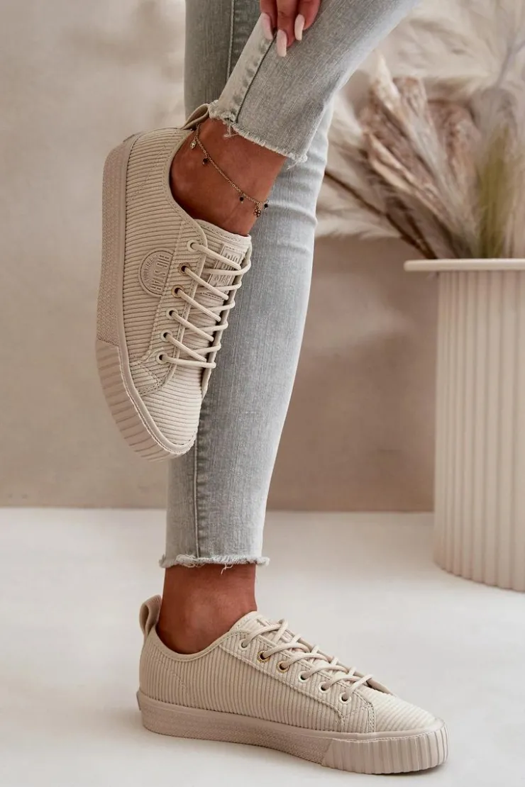 Big Star Shoes Trampki Damskie Big Star|Trampki Damskie Niskie*Sztruksowe Trampki Damskie Ocieplane Big Star OO274812 Hi-Poly System Beżowe