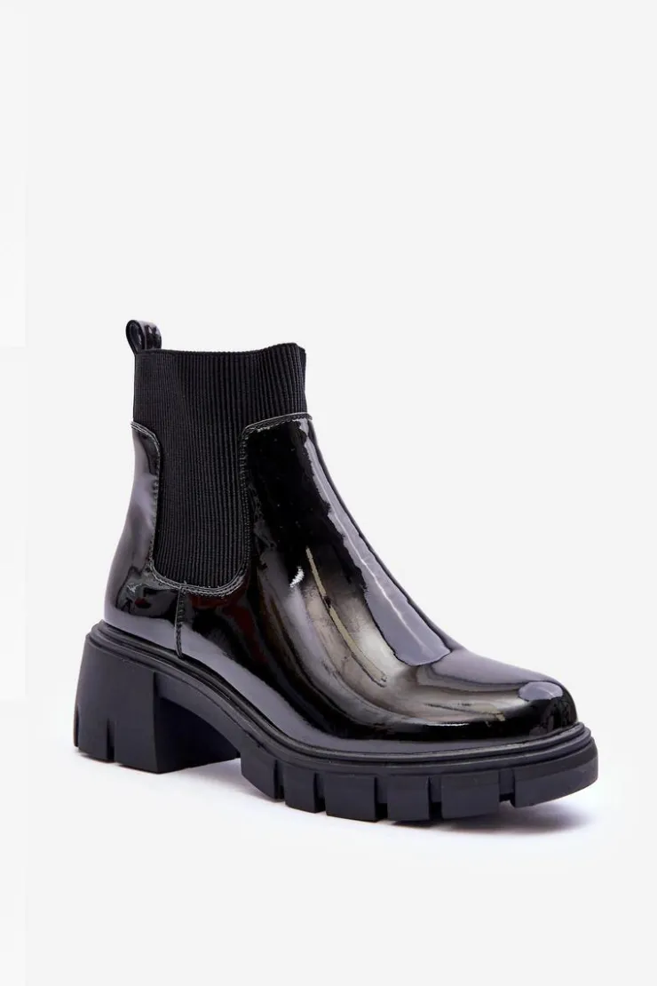 New Boto Sztyblety Botki Lakierowane Damskie Czarne Cirie
