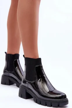 New Boto Sztyblety Botki Lakierowane Damskie Czarne Cirie