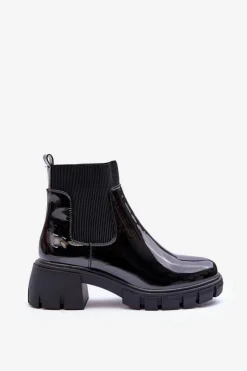 New Boto Sztyblety Botki Lakierowane Damskie Czarne Cirie