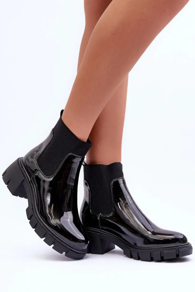 New Boto Sztyblety Botki Lakierowane Damskie Czarne Cirie