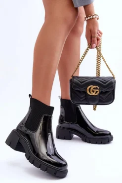 New Boto Sztyblety Botki Lakierowane Damskie Czarne Cirie