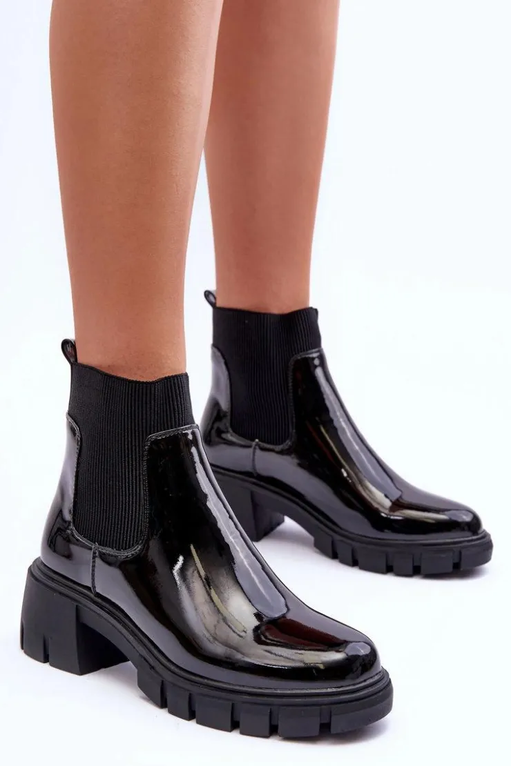 New Boto Sztyblety Botki Lakierowane Damskie Czarne Cirie