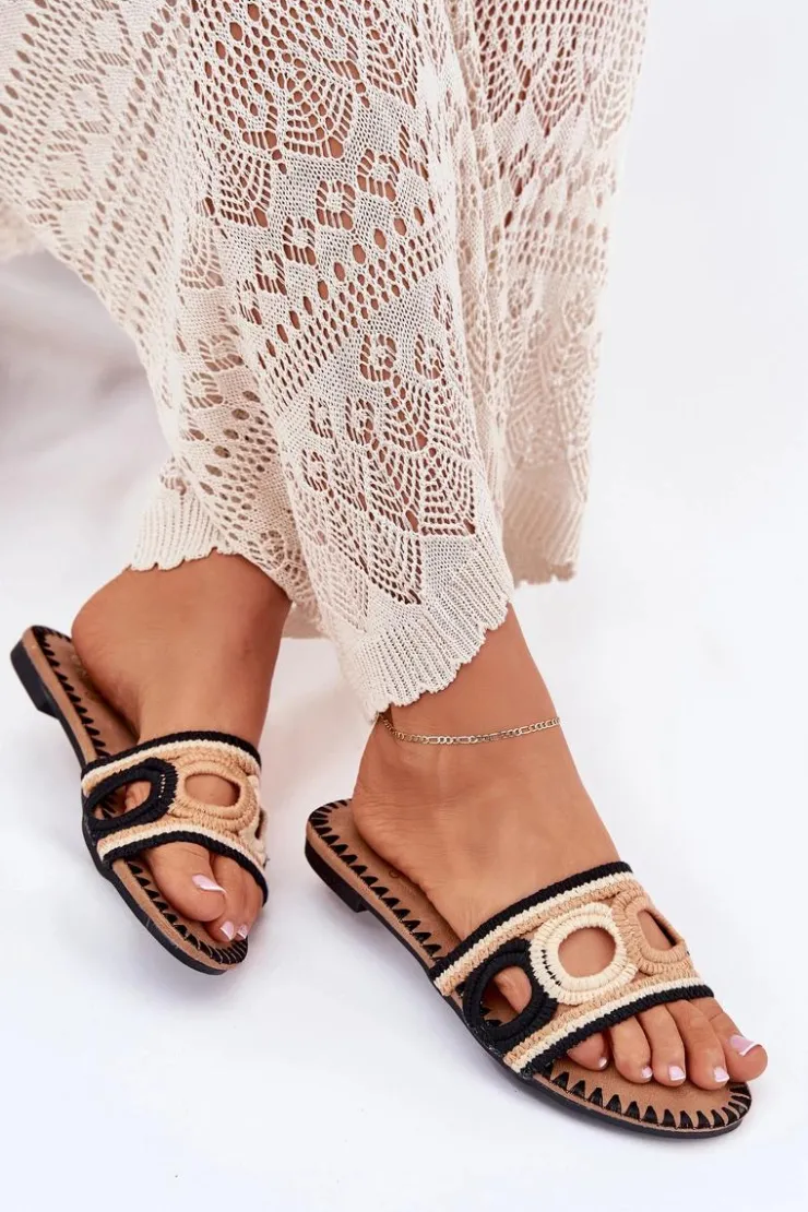 Boto Klapki Damskie Klasyczne*Szydełkowe Klapki Damskie Na Płaskim Obcasie Czarne Nirina Czarny