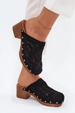 Damskie Boto Szydełkowe Klapki Damskie Na Obcasie Czarne Senevia