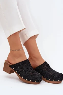 Damskie Boto Szydełkowe Klapki Damskie Na Obcasie Czarne Senevia