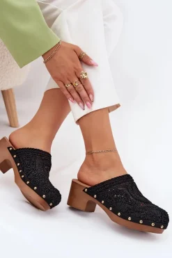 Damskie Boto Szydełkowe Klapki Damskie Na Obcasie Czarne Senevia